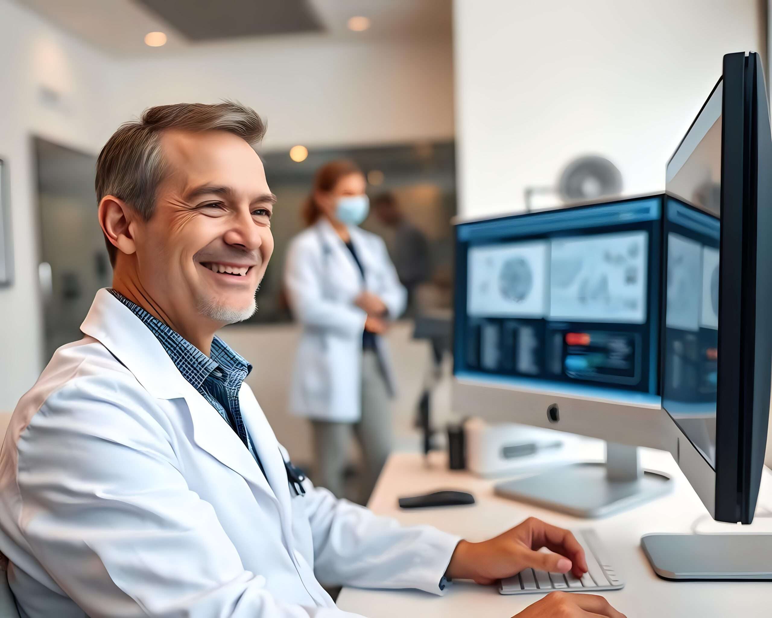 SmilinPraxis IT-Betreuung durch Systemhaus ITg Doctor Using Computer in a Medical Office - PRAXIS IT Betreuung Praxis IT-Betreuung durch Systemhaus IT